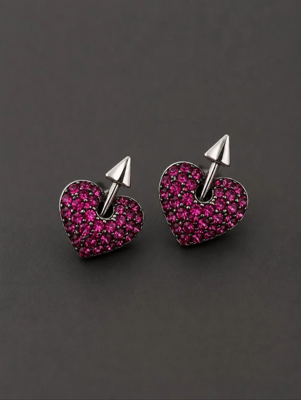 BETSEY JOHNSON Fuscia Paved Crystal Heart Arrow Stud Earrings